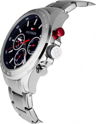 Side profile of Tommy Hilfiger Hudson chronograph watch showing pushers and profile