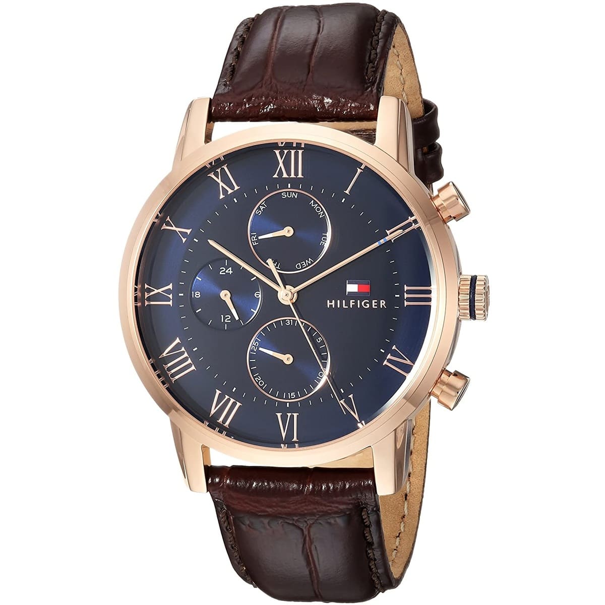Tommy Hilfiger Kane chronograph watch at angle showing brown crocodile-textured leather strap