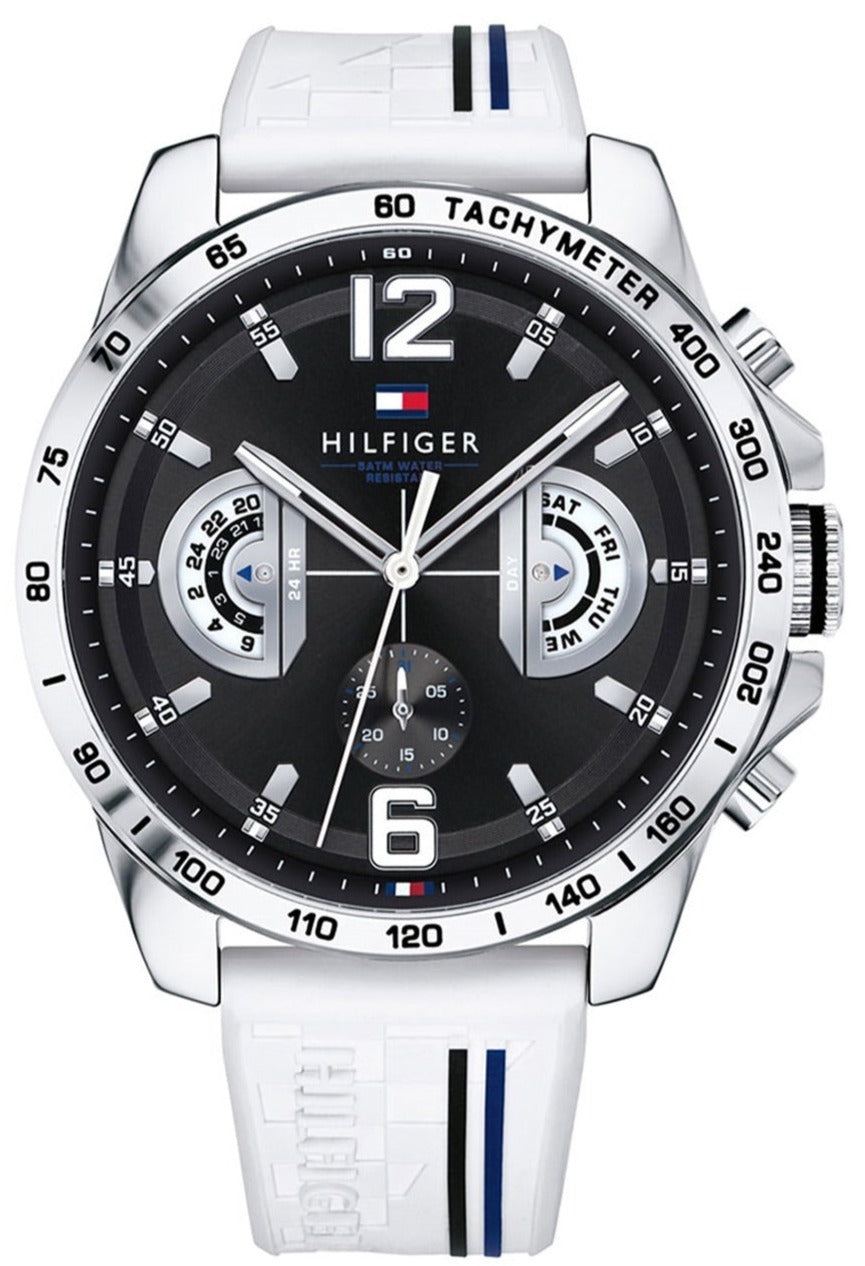 Tommy Hilfiger multifunction chronograph watch with black dial and white rubber strap