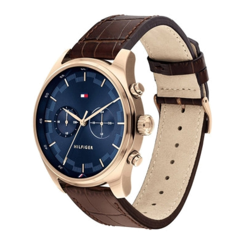 Tommy Hilfiger Deacan watch showing side view with brown leather strap and cream suede interior