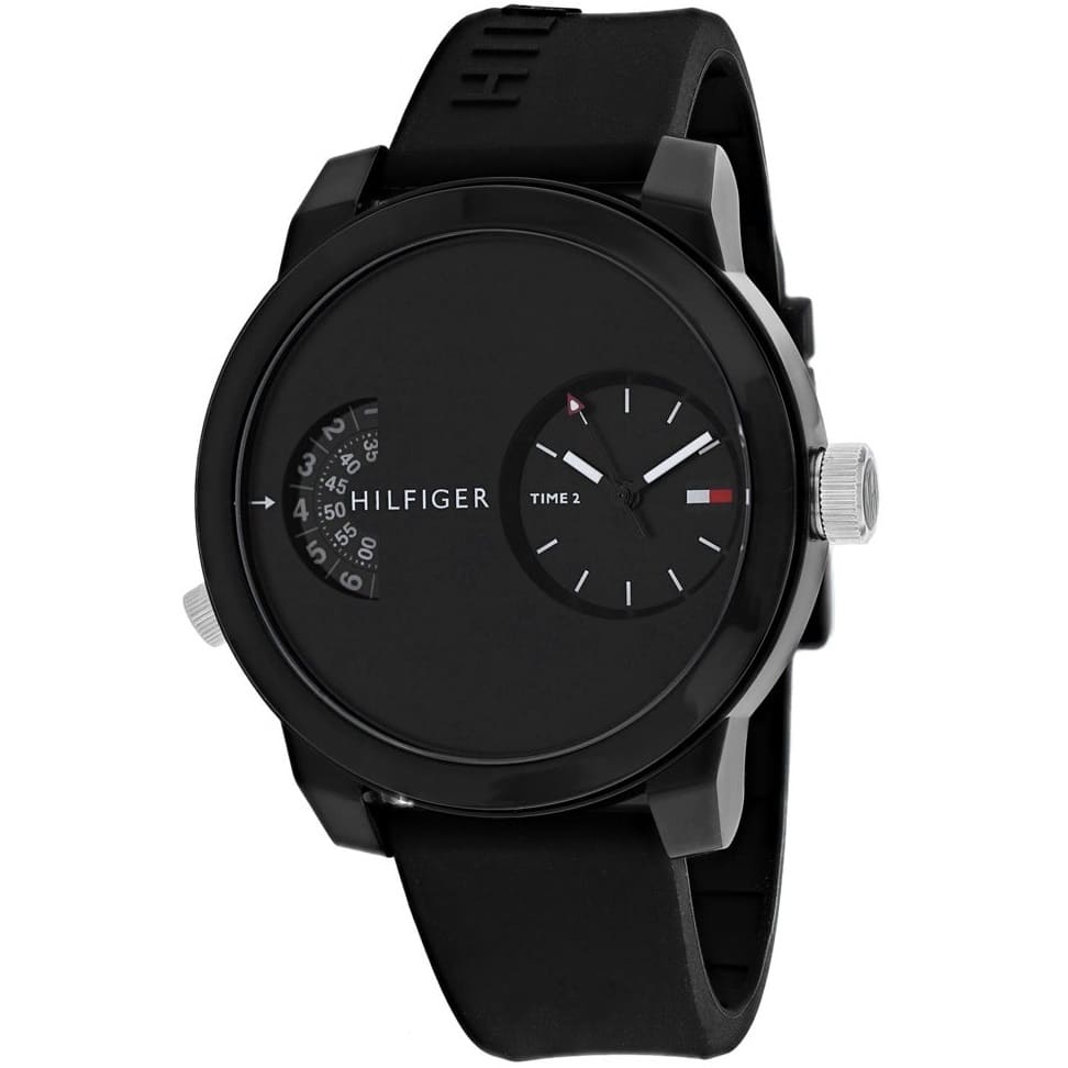 Tommy Hilfiger Denim watch angled view showing black dial and black rubber strap