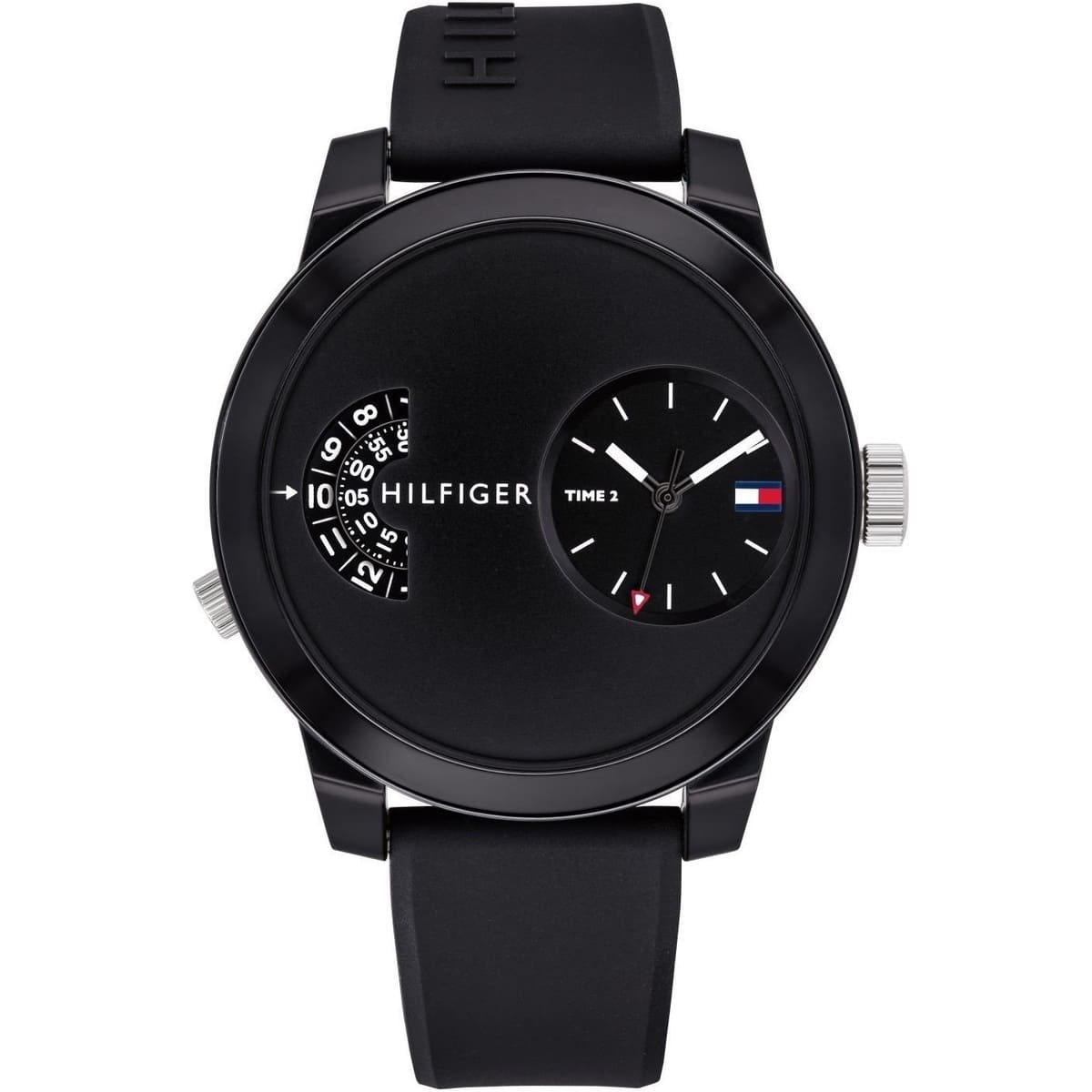 Tommy Hilfiger Denim black dial watch with black rubber strap, dual time display