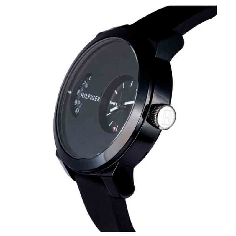 Tommy Hilfiger Denim watch side profile showing black rubber strap and crown detail