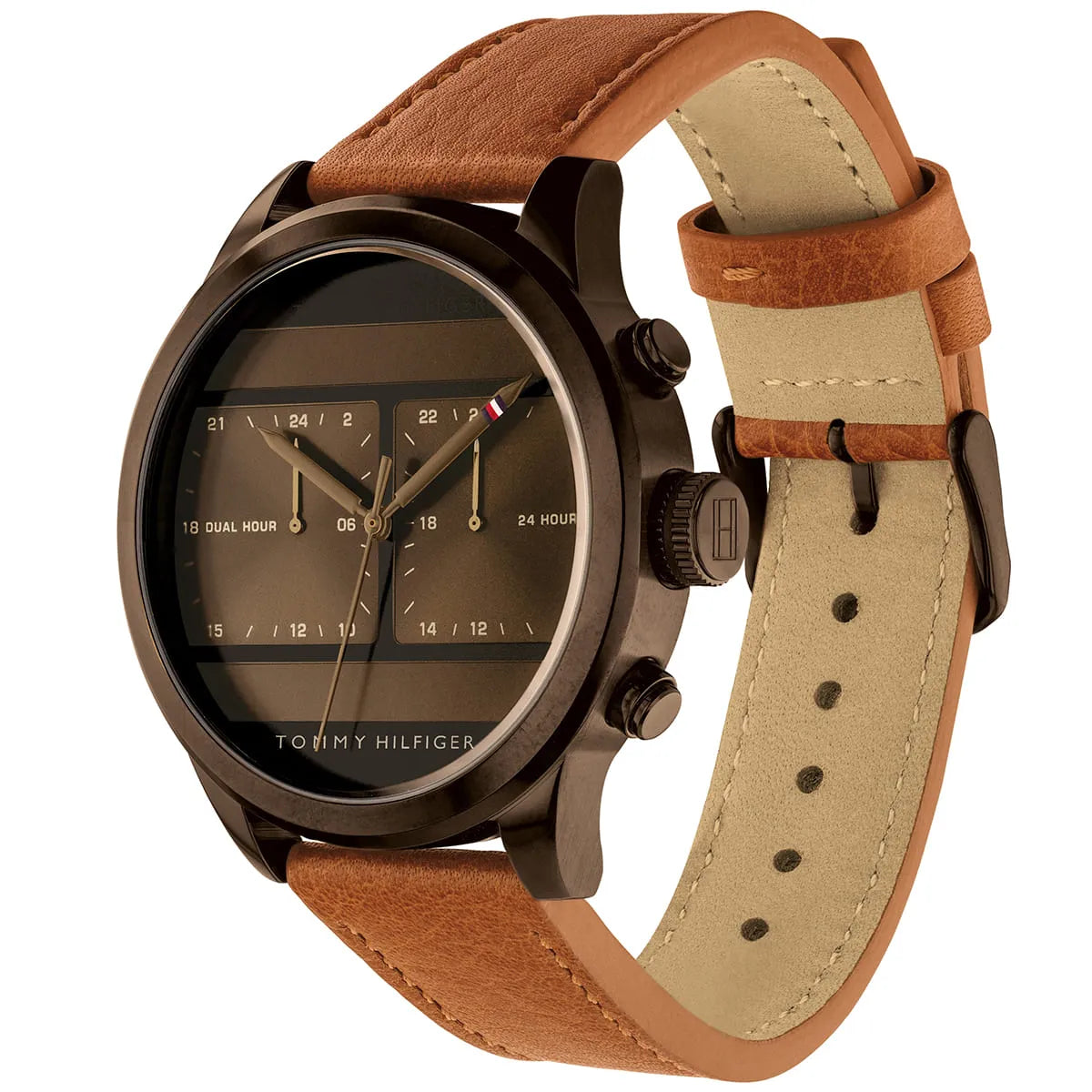 Angled view of Tommy Hilfiger dual time watch showing brown leather strap