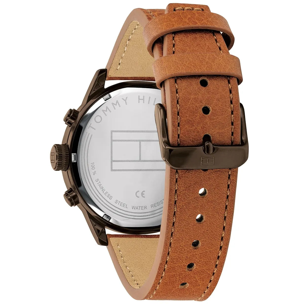Caseback of Tommy Hilfiger dual time watch with brown leather strap detail