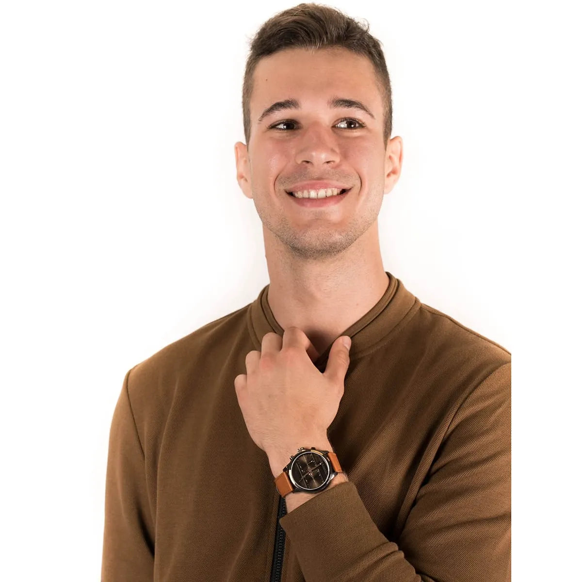 Man wearing Tommy Hilfiger dual time brown leather strap watch