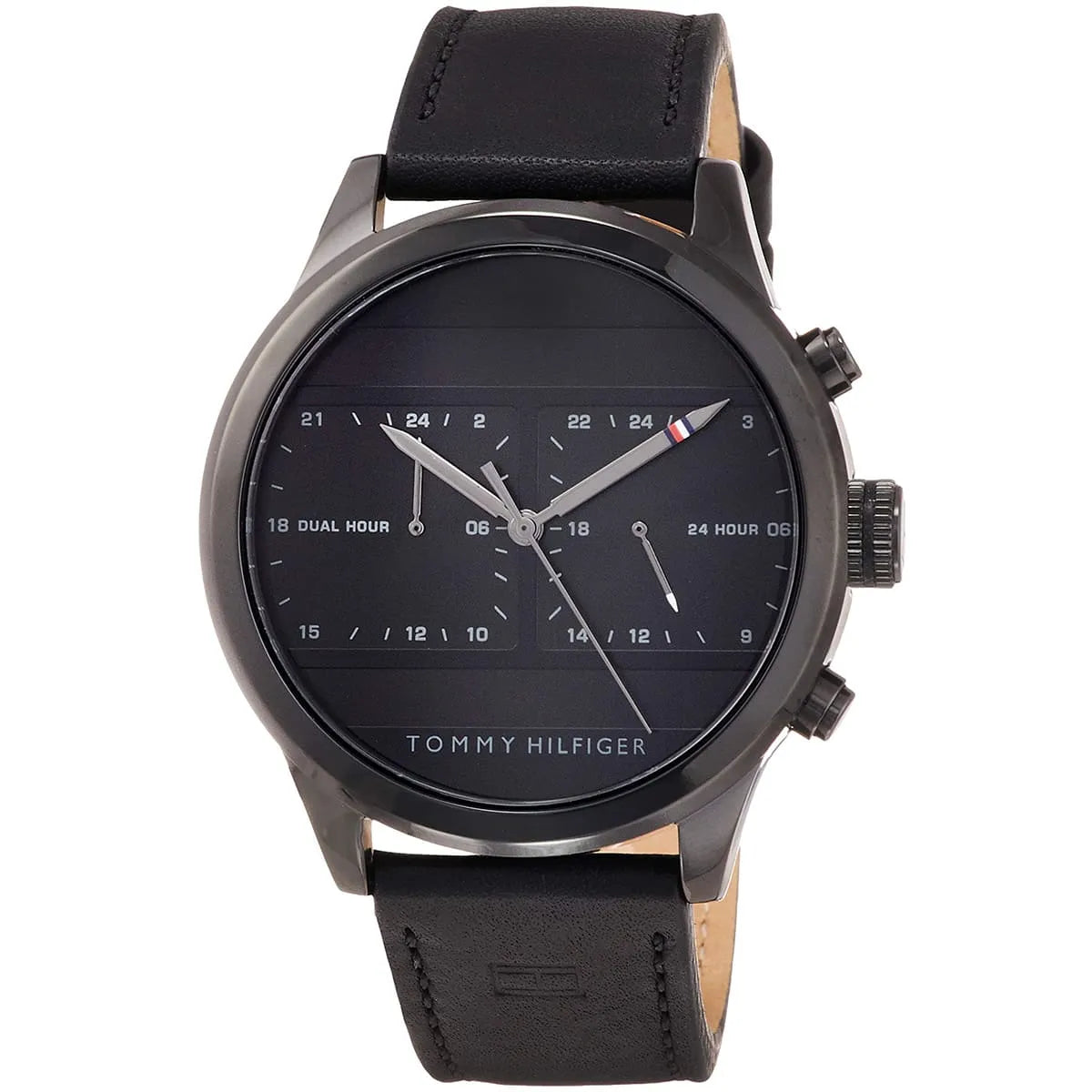 Tommy Hilfiger black watch angled view showing dial and leather strap