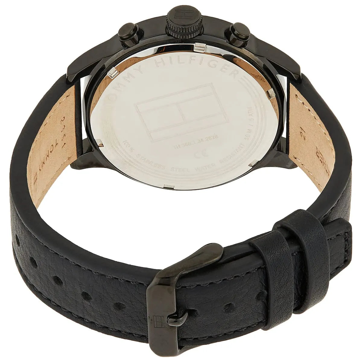 Tommy Hilfiger watch caseback showing stainless steel construction and water resistance