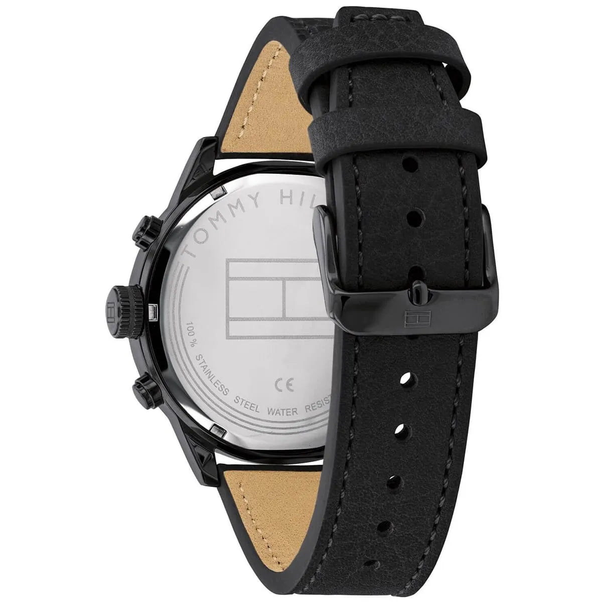 Tommy Hilfiger watch showing caseback detail and leather strap construction