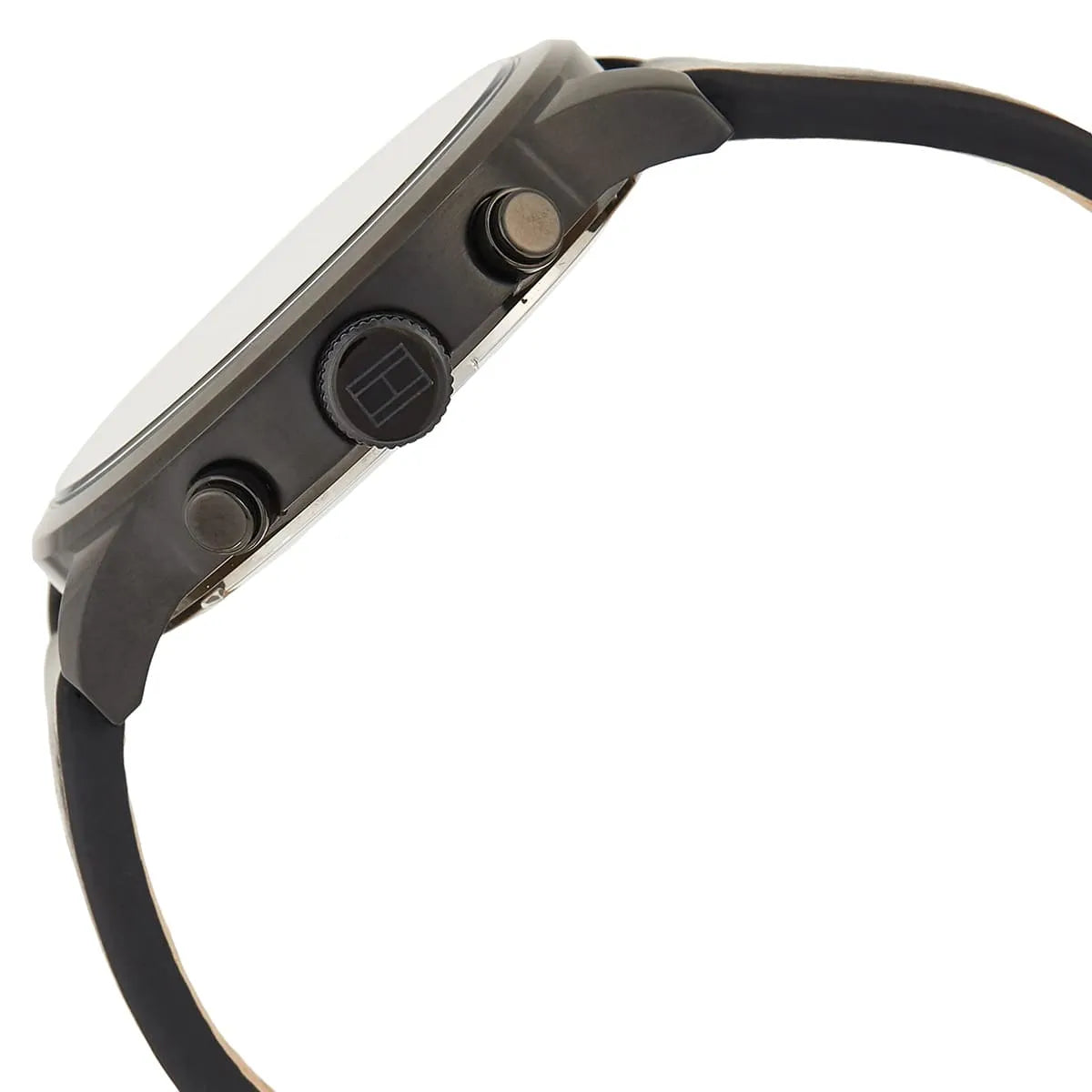 Tommy Hilfiger watch side view displaying chronograph pushers and black case profile