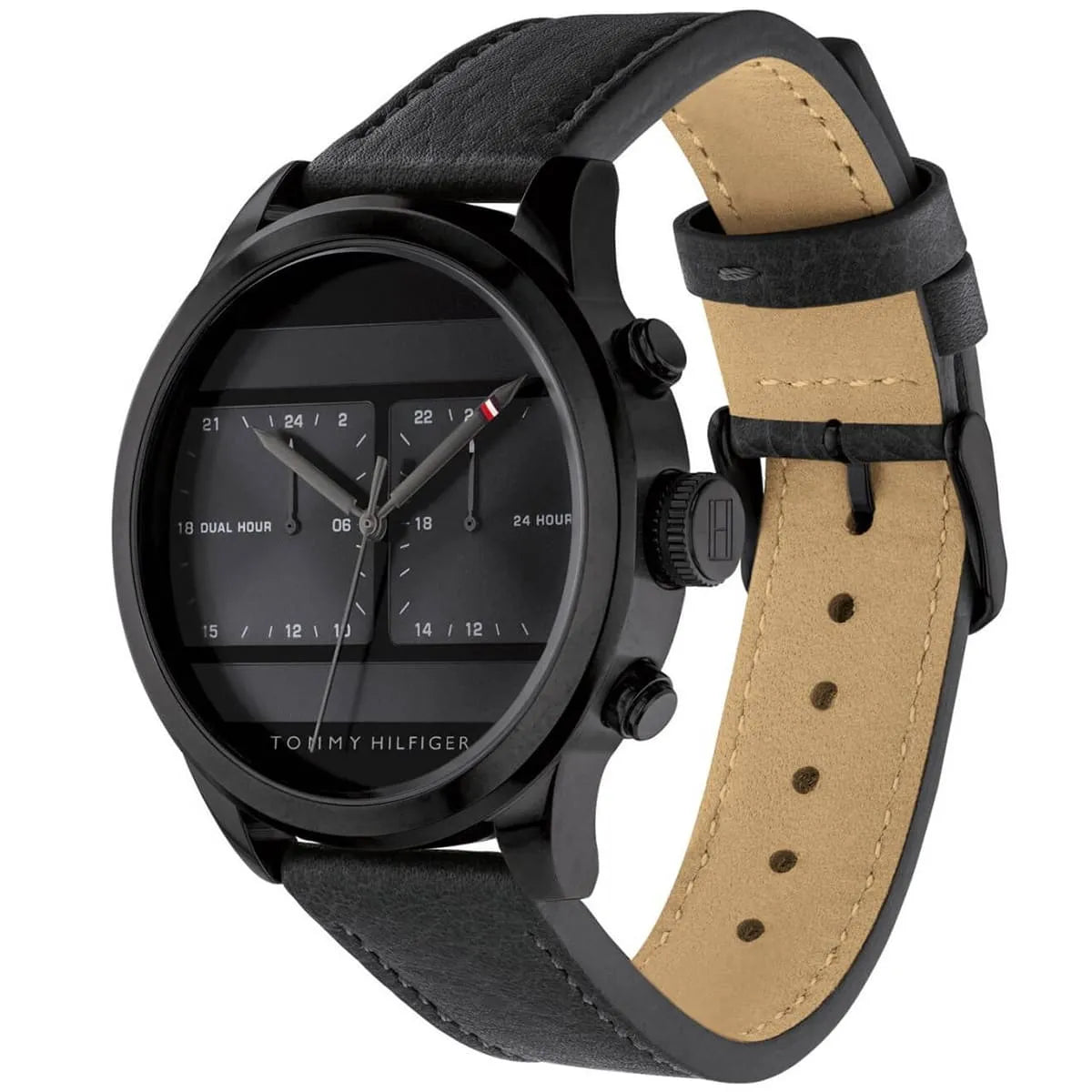 Tommy Hilfiger black leather strap with tan suede interior and metal buckle closure