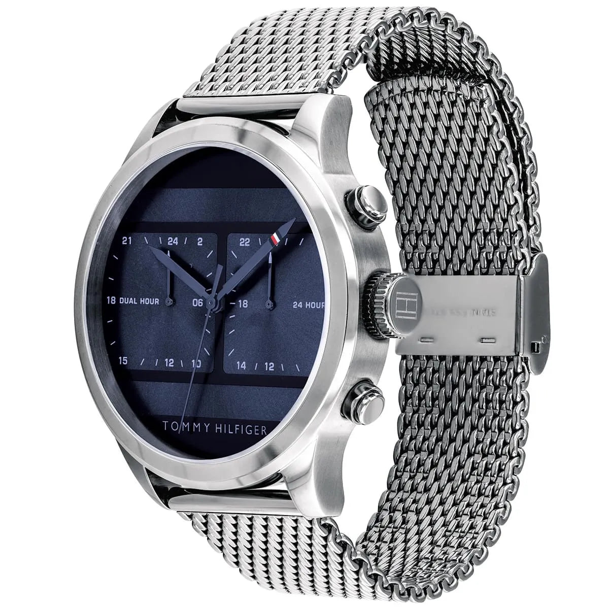 Tommy Hilfiger 1791596 watch 44mm case angle view with mesh bracelet