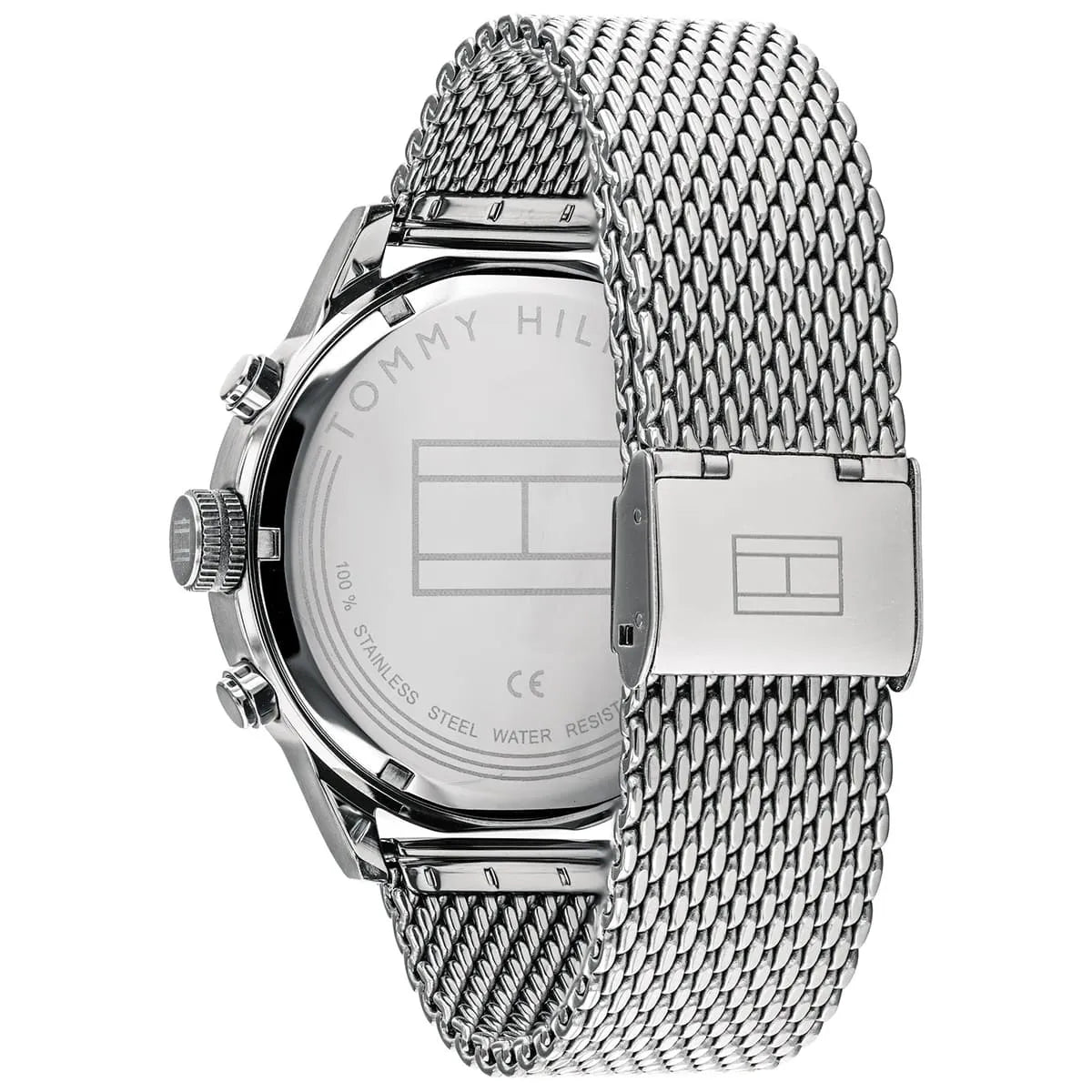 Side view of Tommy Hilfiger 1791596 watch showing case thickness and mesh strap