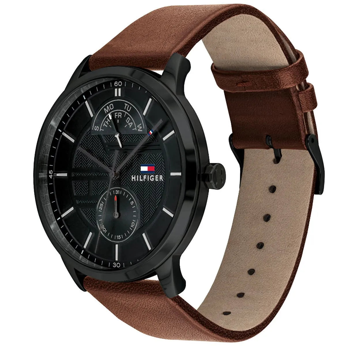 Tommy Hilfiger Hunter watch showing side profile with brown leather strap