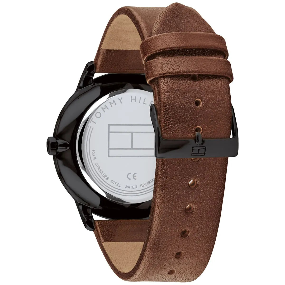 Tommy Hilfiger Hunter watch caseback and brown leather strap detail
