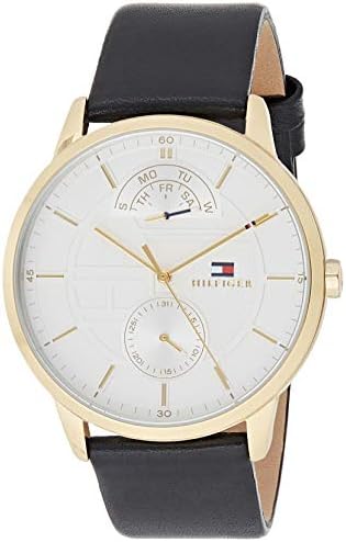Tommy Hilfiger Hunter men's watch at angle showing white dial and black leather strap