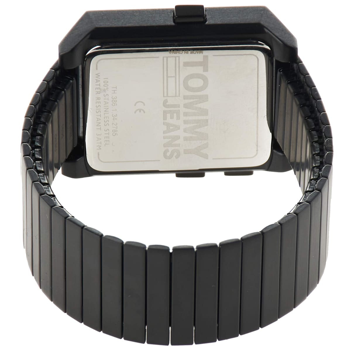 Caseback of Tommy Hilfiger digital watch showing stainless steel and water resistant details