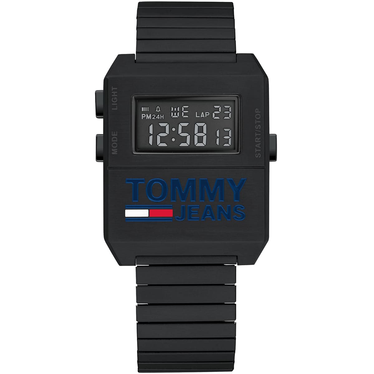 Tommy Hilfiger black digital watch with square case and stainless steel strap