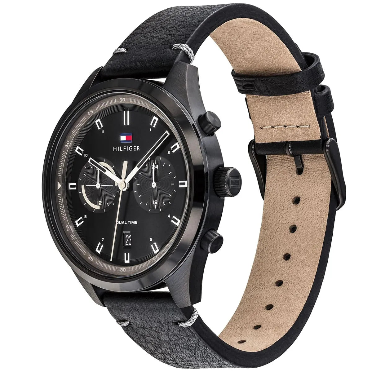 Tommy Hilfiger Bennett watch side angle showing black leather strap with tan suede interior