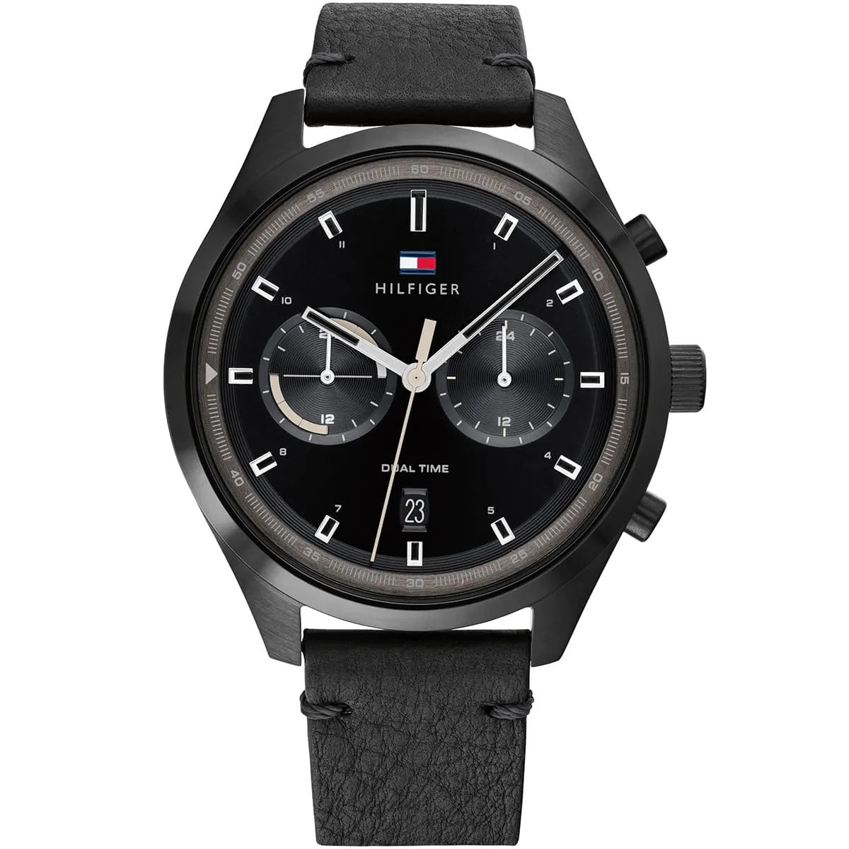 Tommy Hilfiger Bennett black dial chronograph watch with leather strap front view