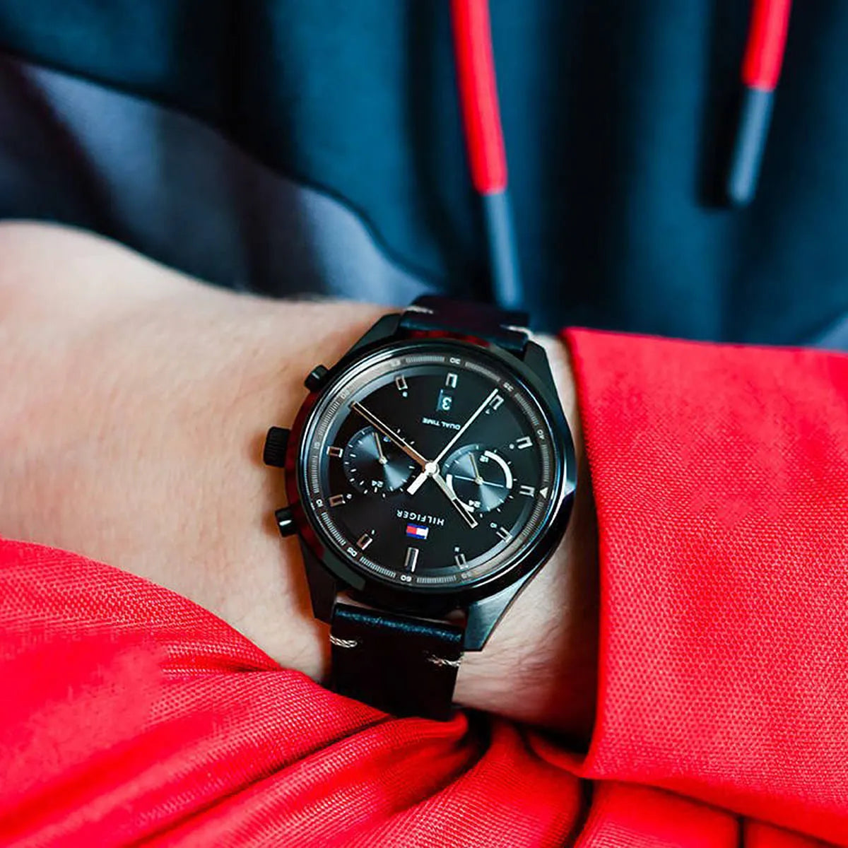 Tommy Hilfiger Bennett chronograph watch worn on wrist with black leather strap