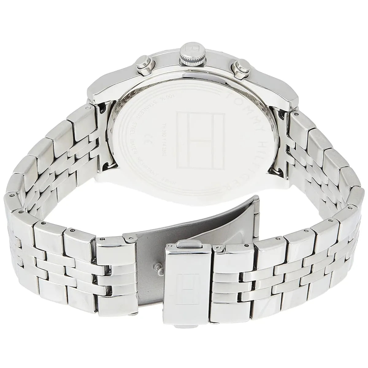 Caseback view of Tommy Hilfiger Ashton watch showing stainless steel with fold-over clasp