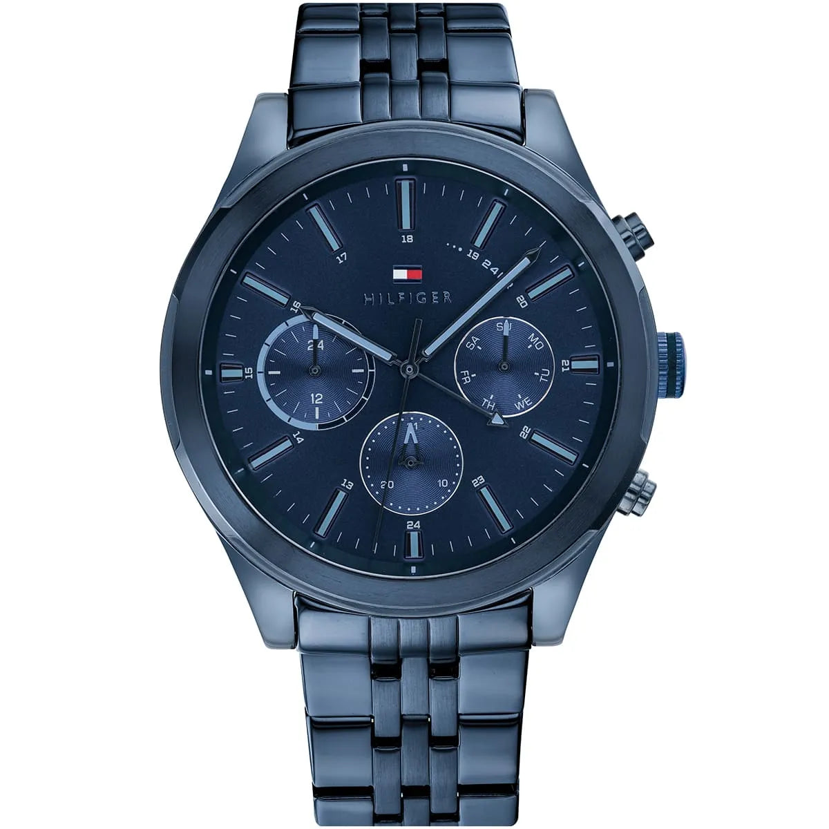 Tommy Hilfiger men's watch with blue chronograph dial and stainless steel strap