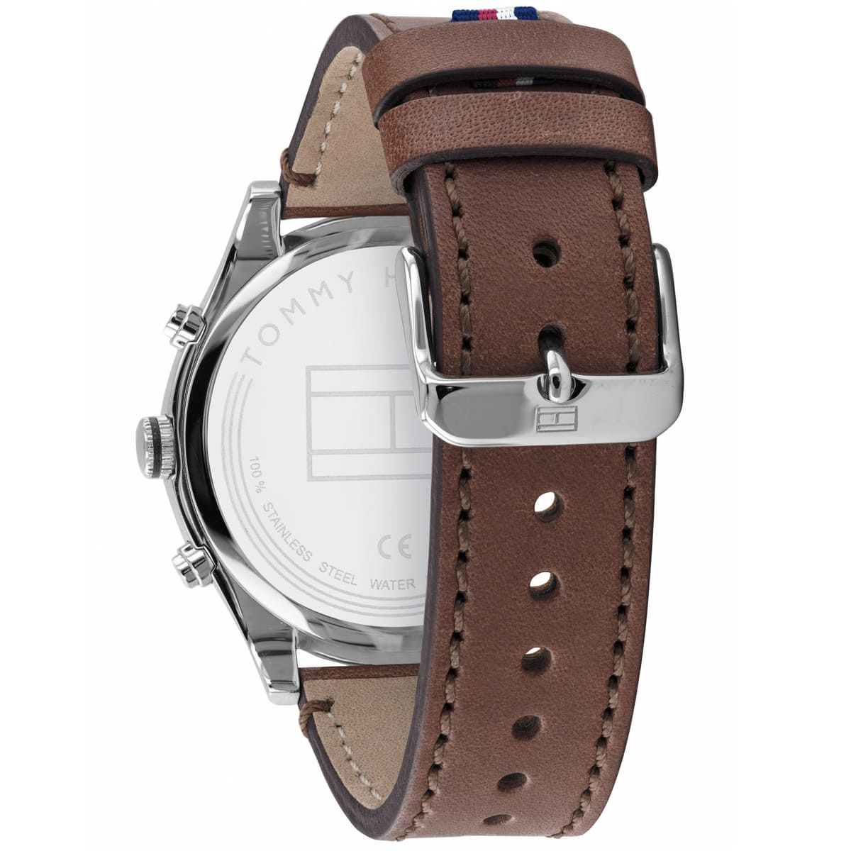 Case back view of Tommy Hilfiger Ashton watch with brown leather strap
