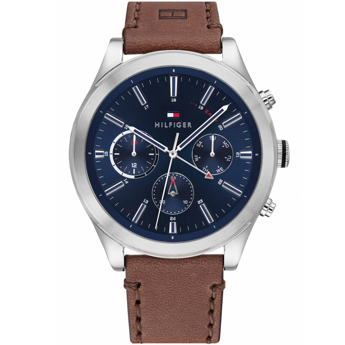 Tommy Hilfiger Ashton men's watch with navy dial, silver case, and brown leather strap
