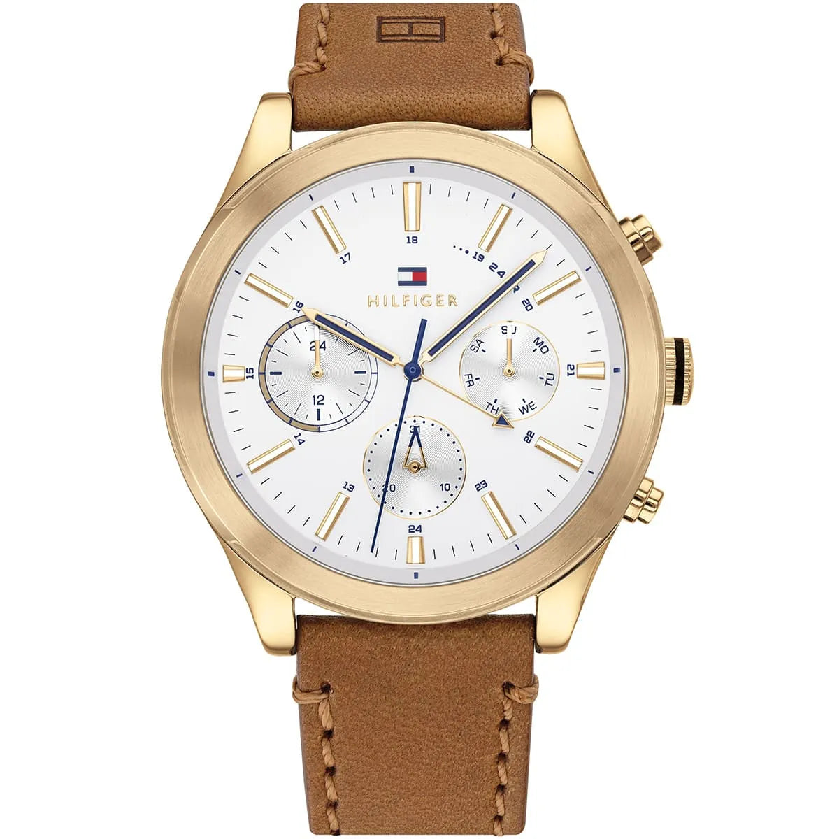 Tommy Hilfiger multifunction watch with white dial, gold case, and brown leather strap