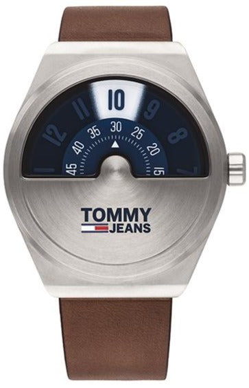 Tommy Hilfiger Monogram Pop men's watch with steel case and blue arch dial on brown leather strap