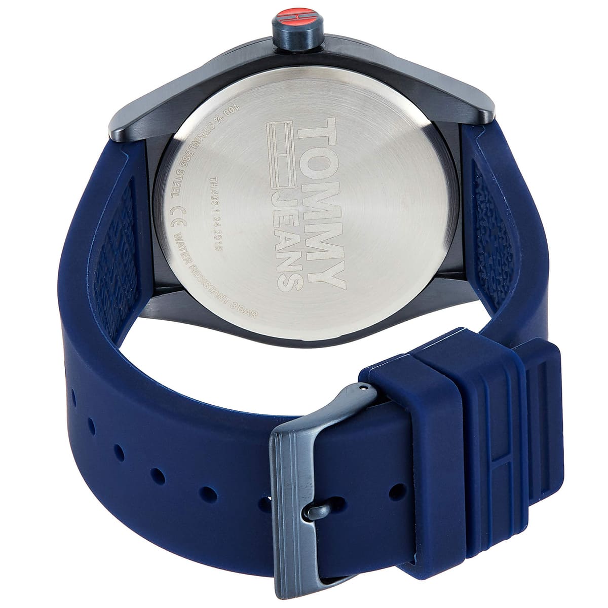 Tommy Hilfiger Monogram Pop watch with stainless steel caseback and navy rubber strap