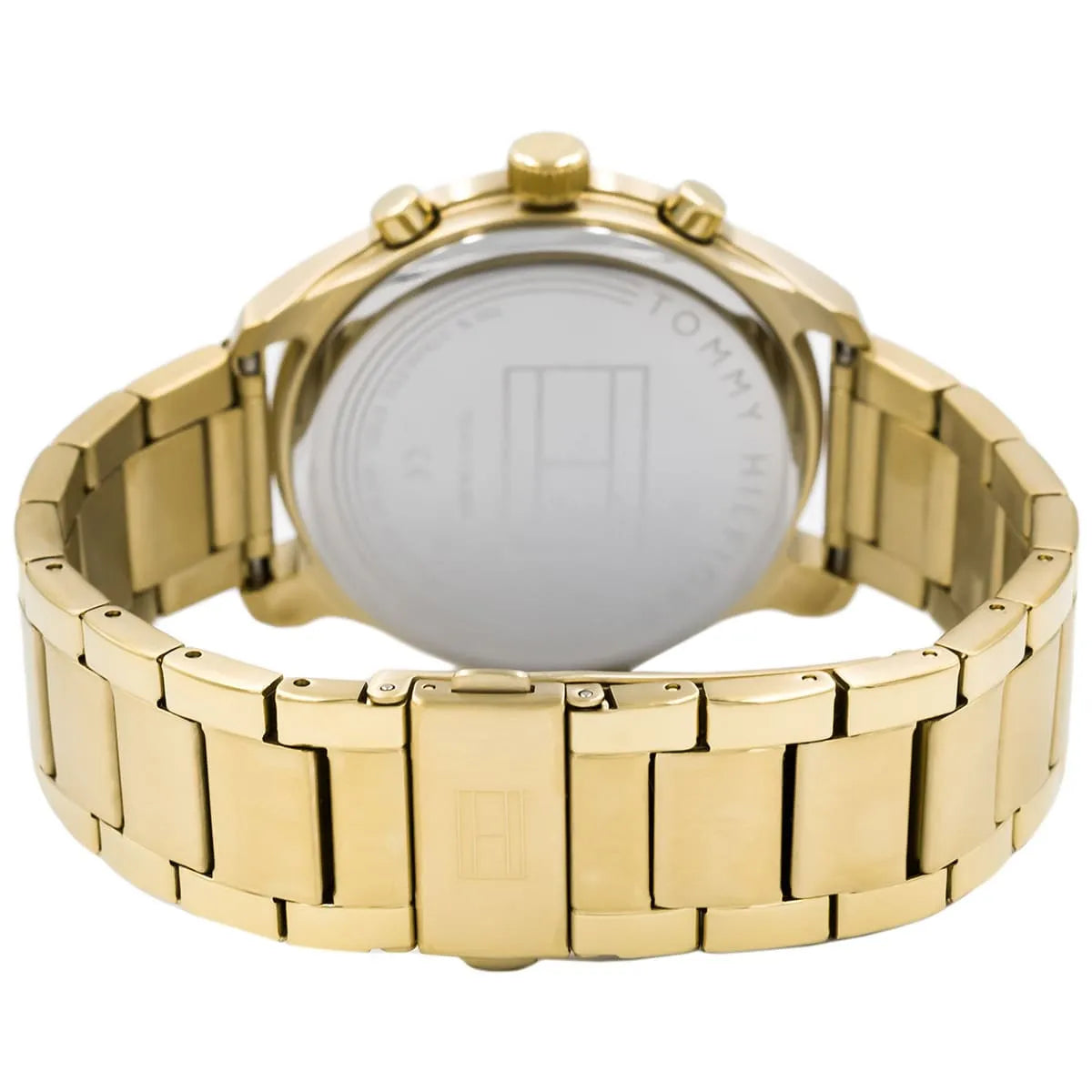 Tommy Hilfiger watch caseback showing gold stainless steel and case details