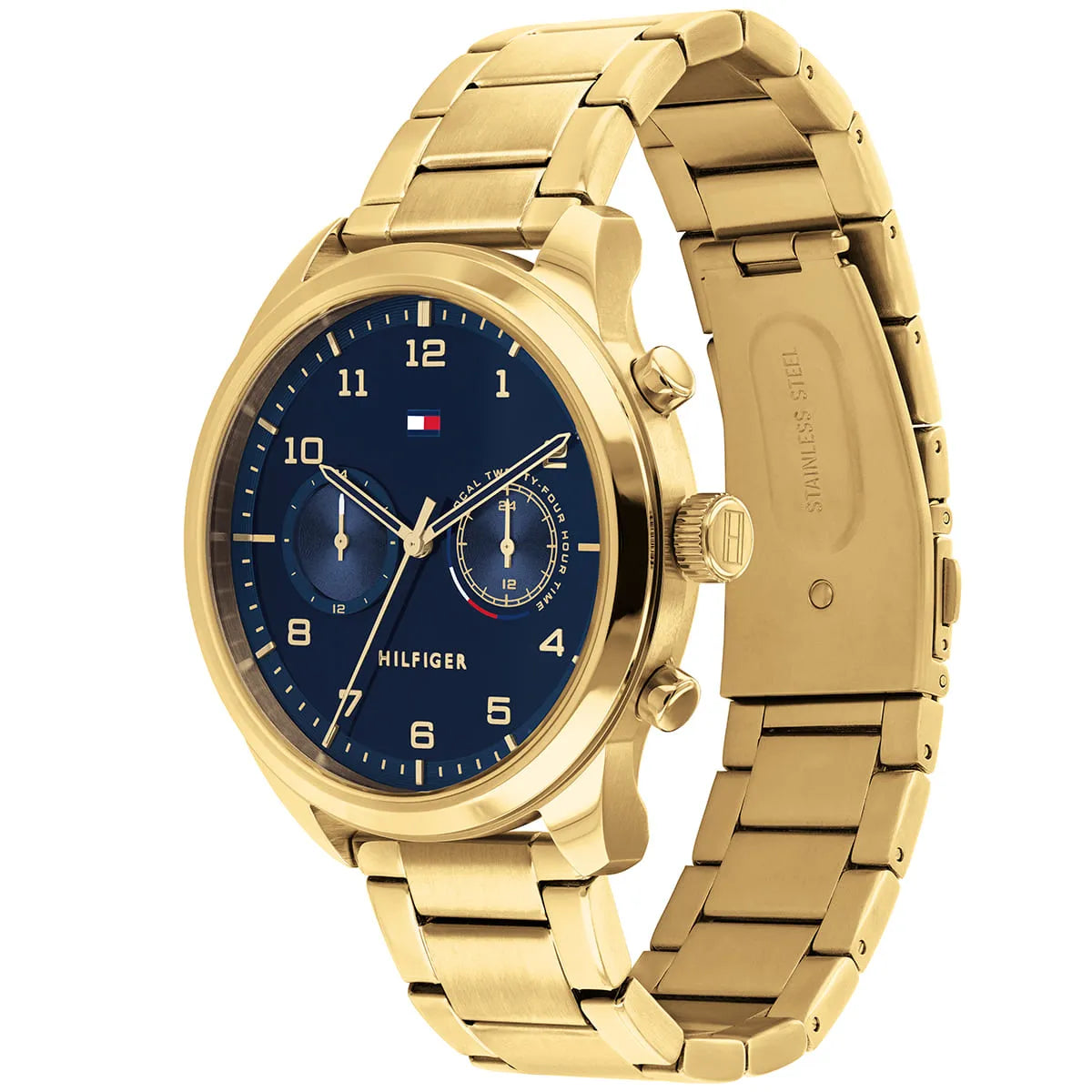 Gold stainless steel Tommy Hilfiger watch at angle showing blue dial and metal bracelet