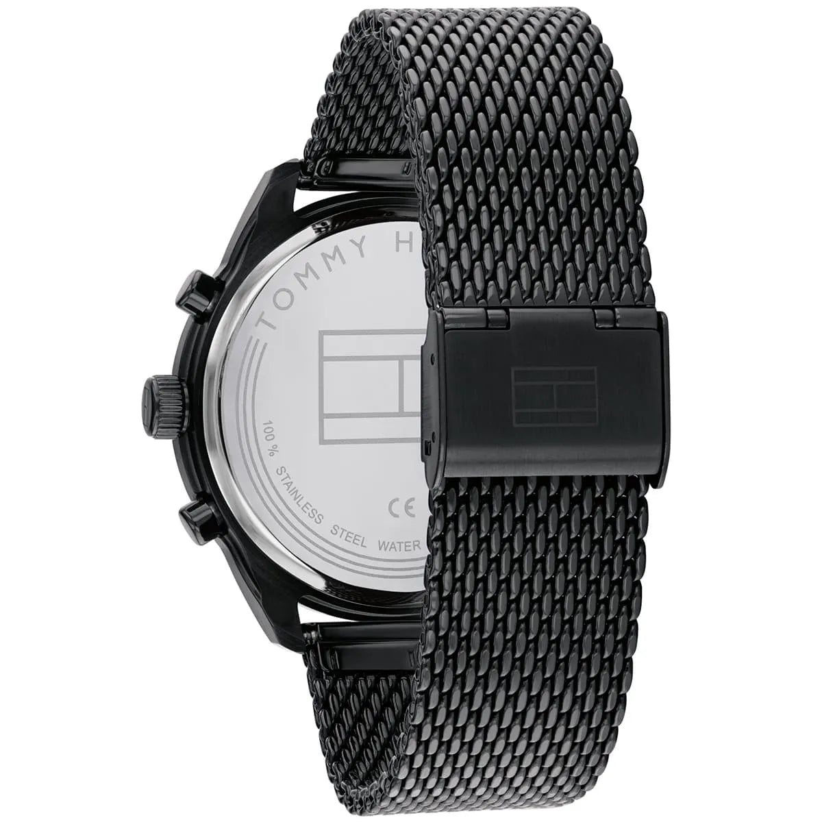Tommy Hilfiger PATRICK angled view showing black case, dial, and mesh band