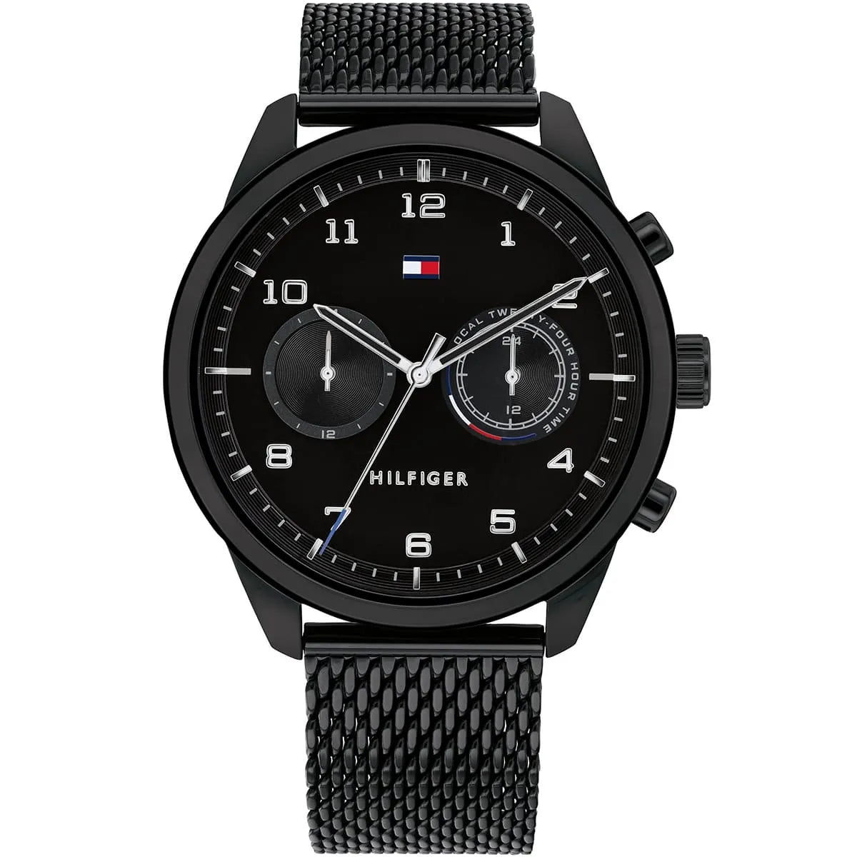 Tommy Hilfiger PATRICK black dial watch with dual time subdials and mesh strap