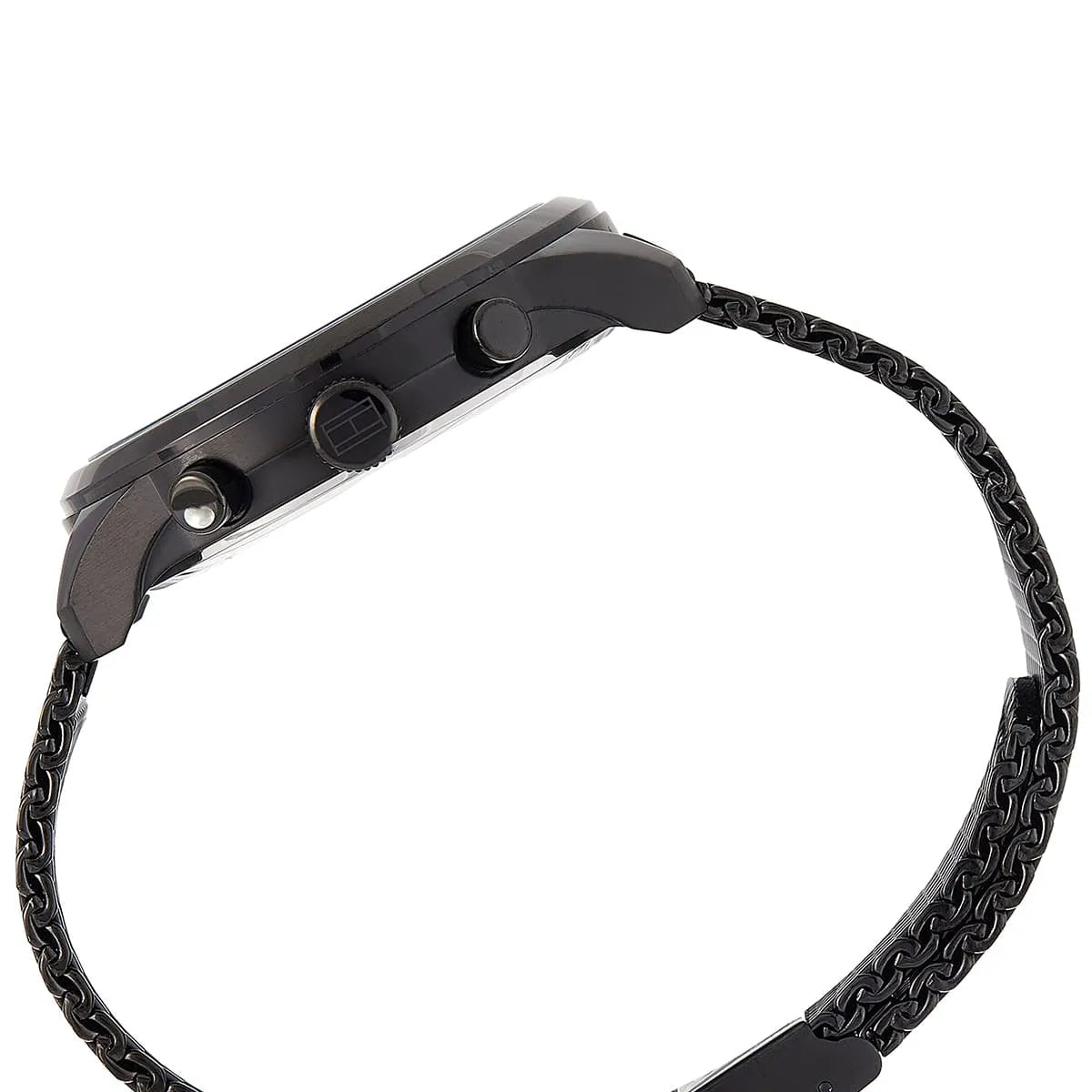 Tommy Hilfiger PATRICK watch side view showing chronograph pushers and mesh strap