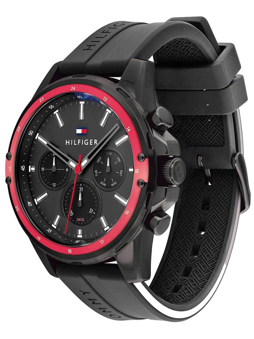Tommy Hilfiger Mason watch side view showing black silicone strap and case profile