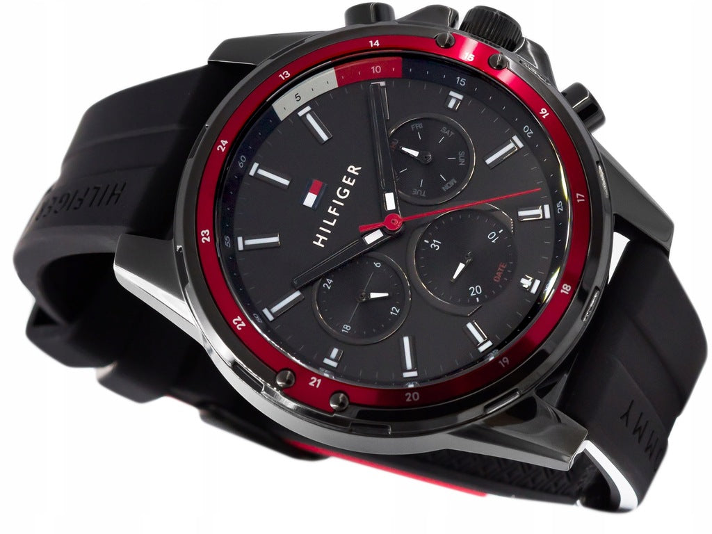 Tommy Hilfiger Mason chronograph with red bezel and multi-dial subdials displayed at angle