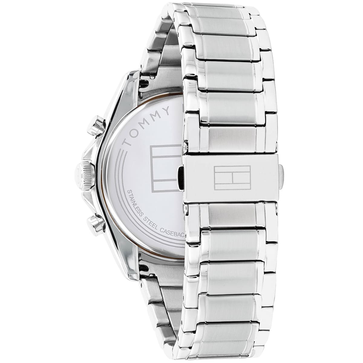 Tommy Hilfiger Parker watch side profile showing silver stainless steel bracelet