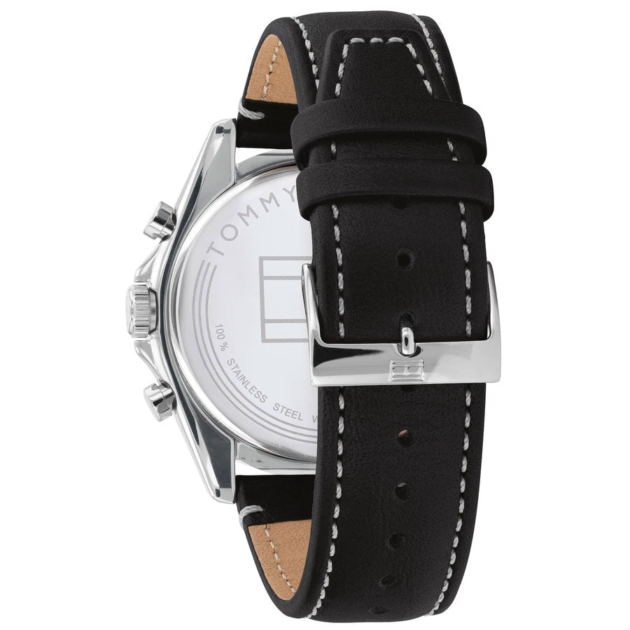 Caseback view of Tommy Hilfiger Parker chronograph showing black leather strap detail