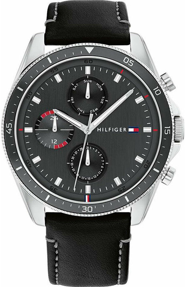 Tommy Hilfiger Parker chronograph watch with grey dial and black leather strap