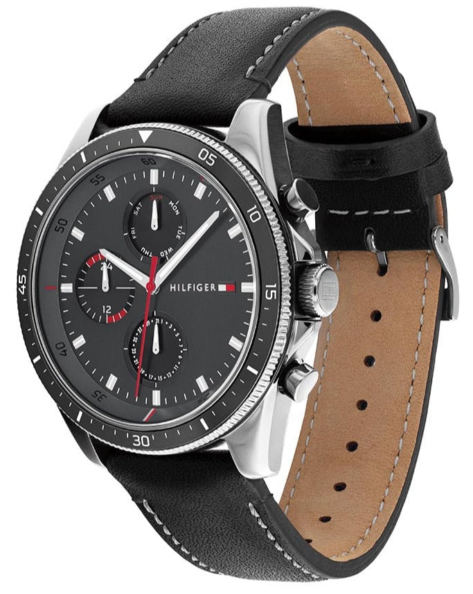 Side view of Tommy Hilfiger Parker chronograph showing black leather strap and case profile