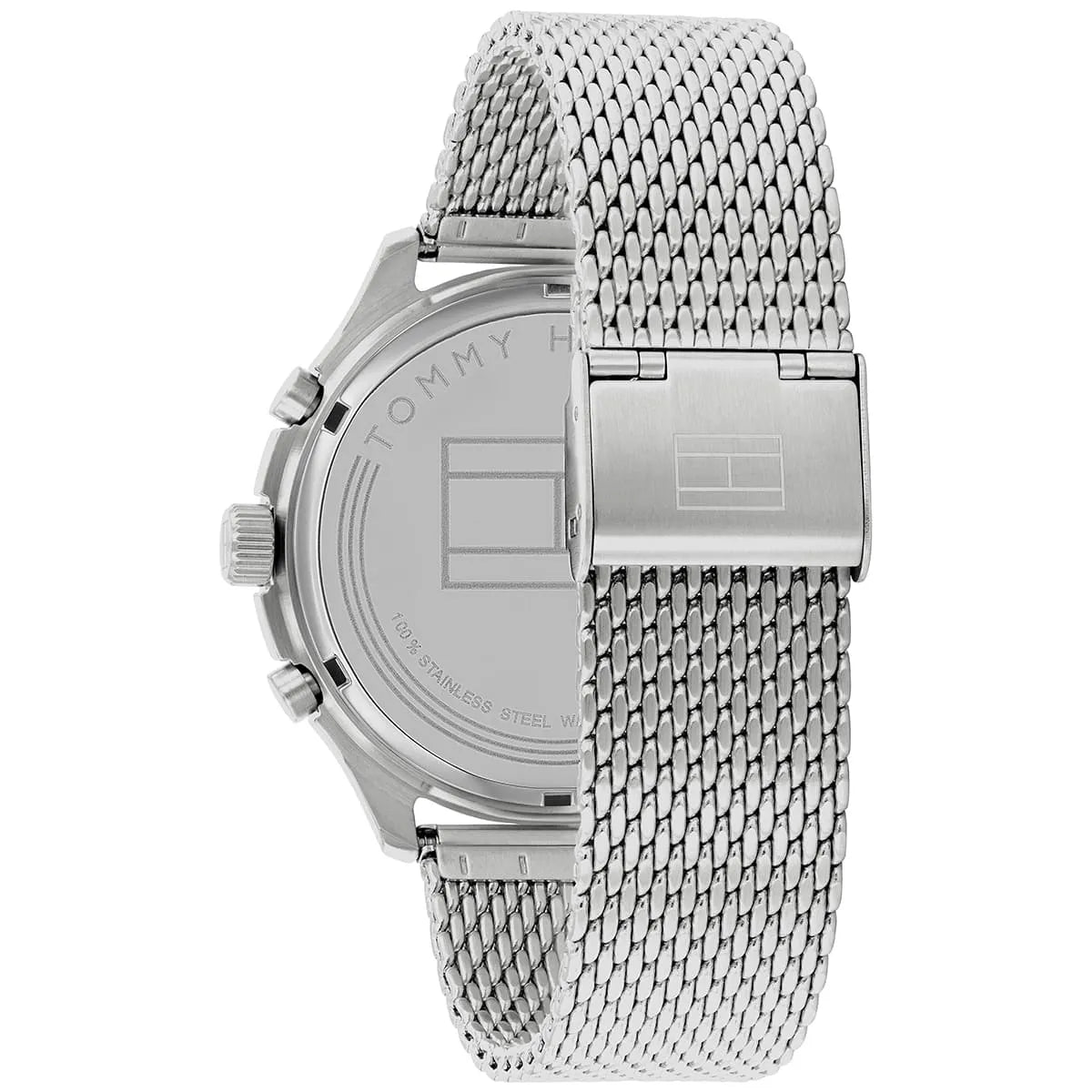 Caseback view of Tommy Hilfiger Asher watch with mesh bracelet attachment