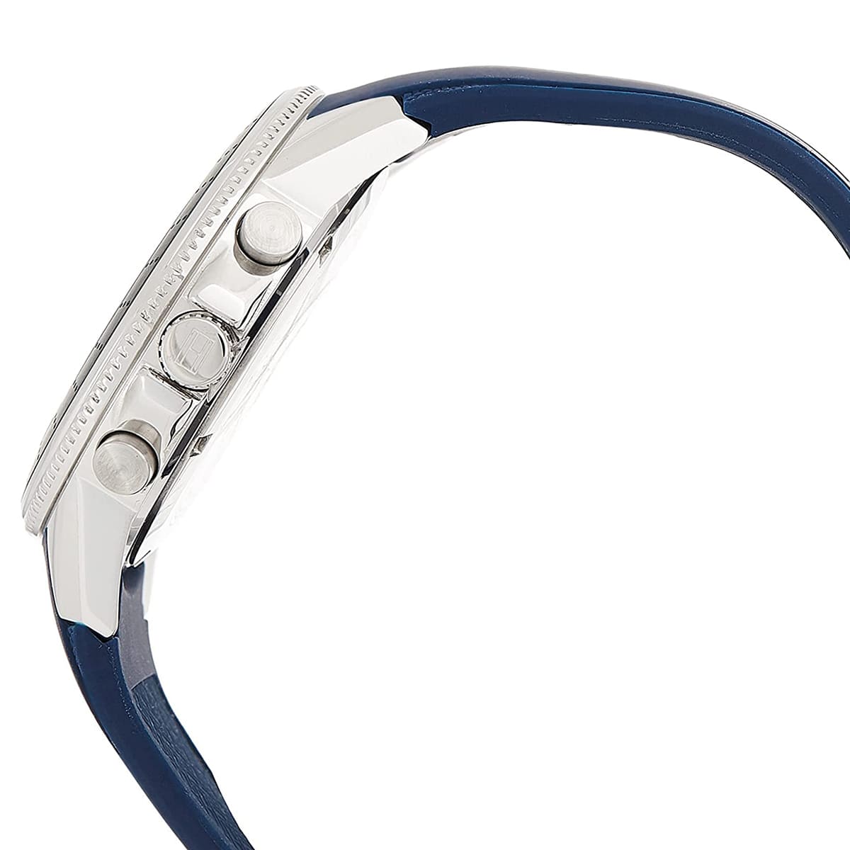 Close-up of Tommy Hilfiger watch case showing chronograph pushers and silver metallic finish