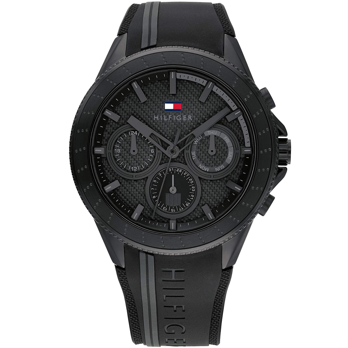 Tommy Hilfiger Aiden black chronograph watch with multifunction dial and rubber strap