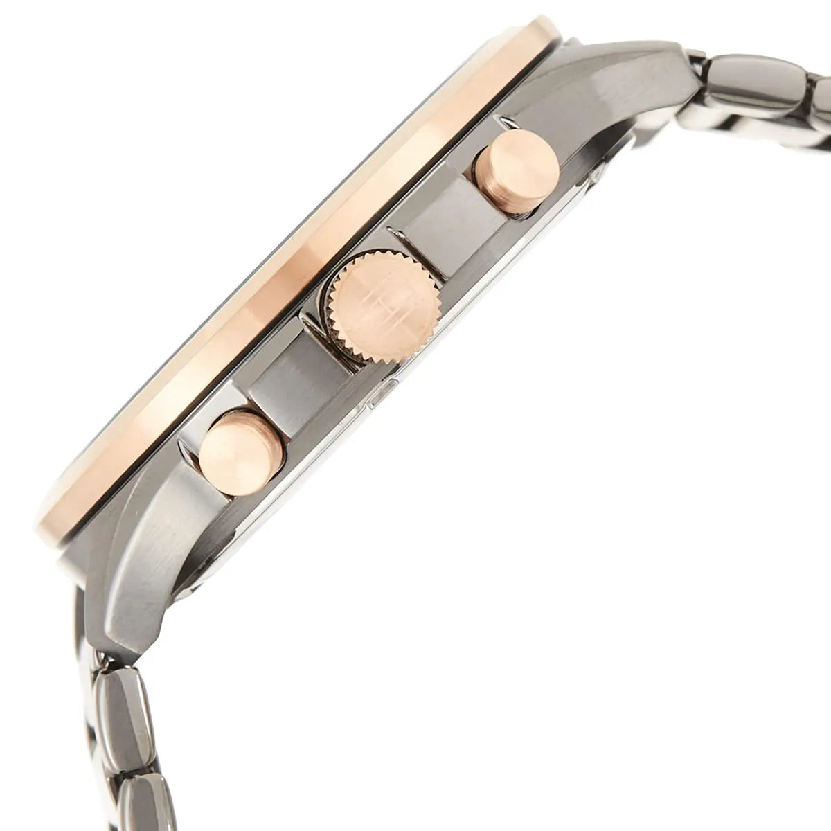 Side profile of Tommy Hilfiger Asher chronograph with rose gold pushers and gunmetal case
