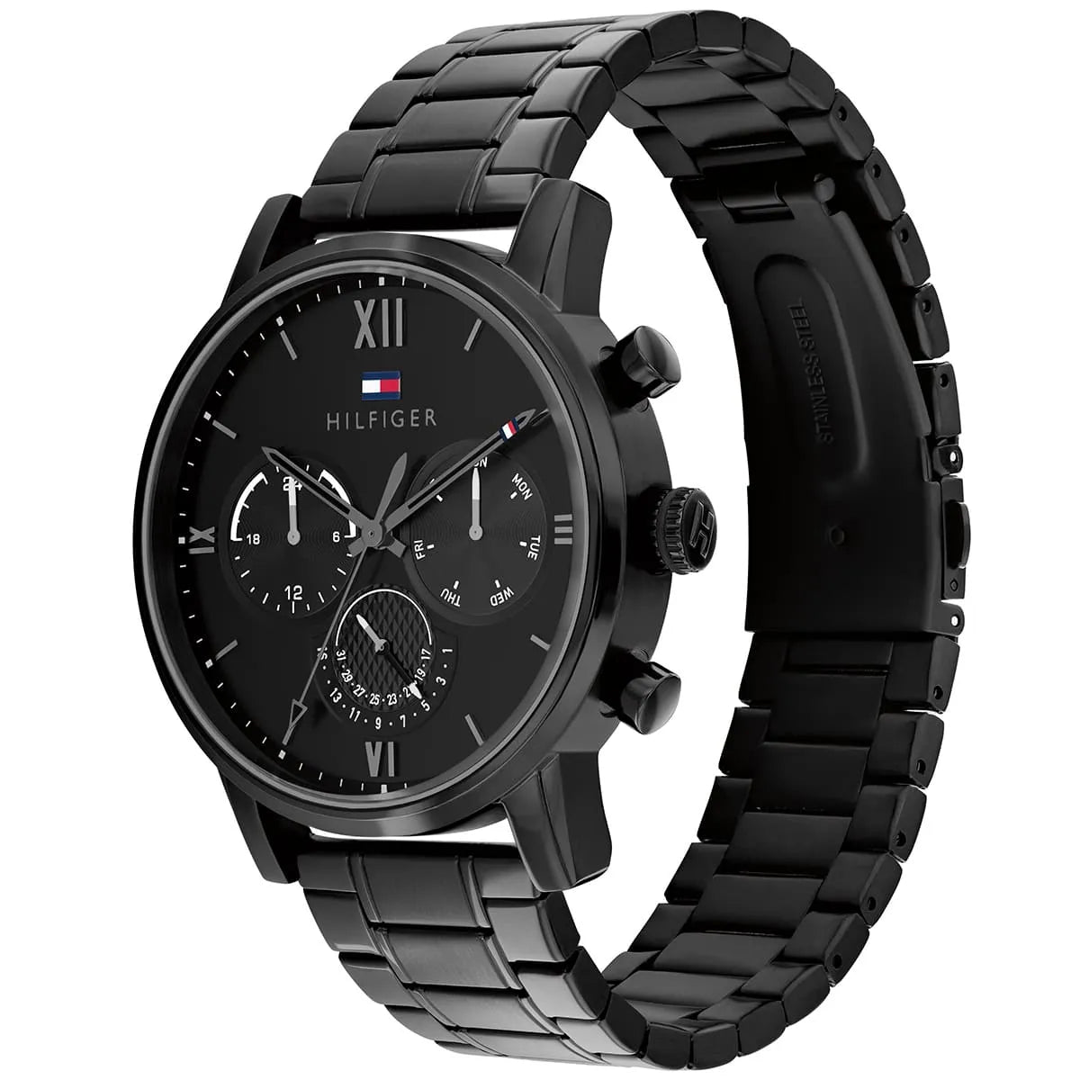 Tommy Hilfiger Sullivan black chronograph watch angled view with stainless steel bracelet