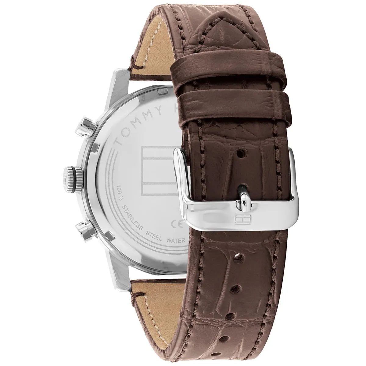 Side view of brown leather strap with stitching and adjustable holes on Tommy Hilfiger watch
