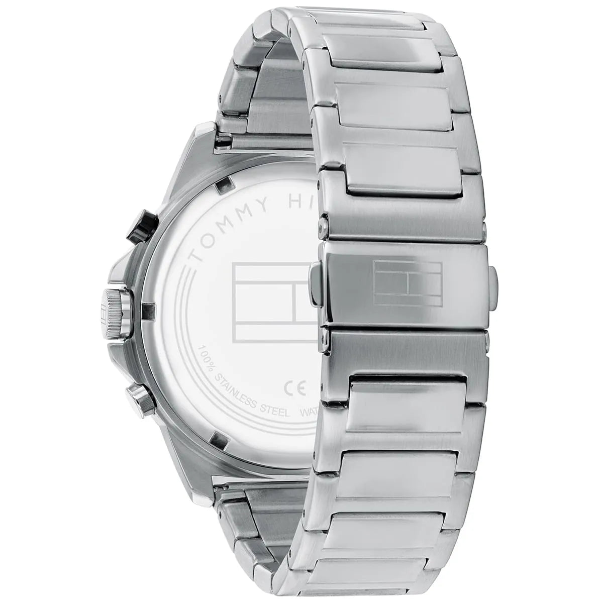 Tommy Hilfiger watch caseback showing stainless steel with engraved text and brand details